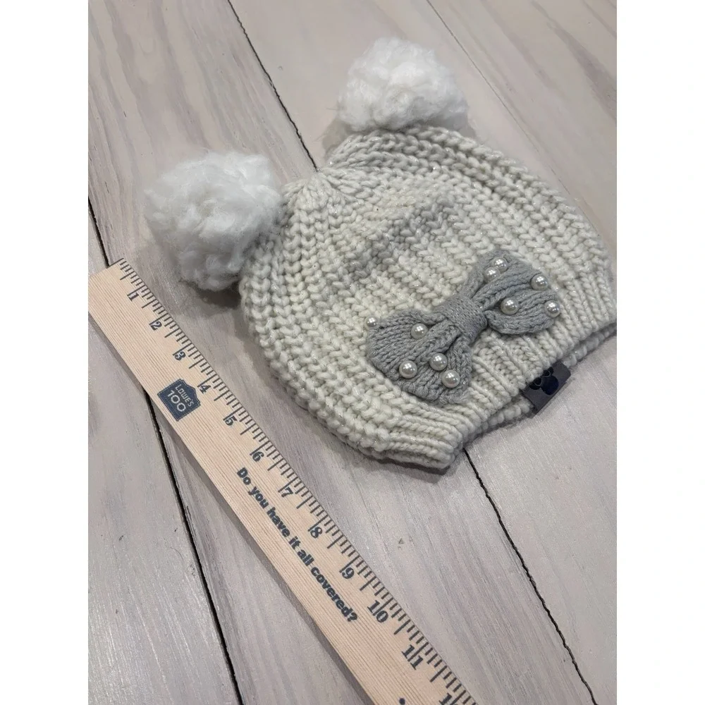 Disney Parks Adult Cream Knit Beanie Hat‎ Faux Fur Pom Poms Bow One Size